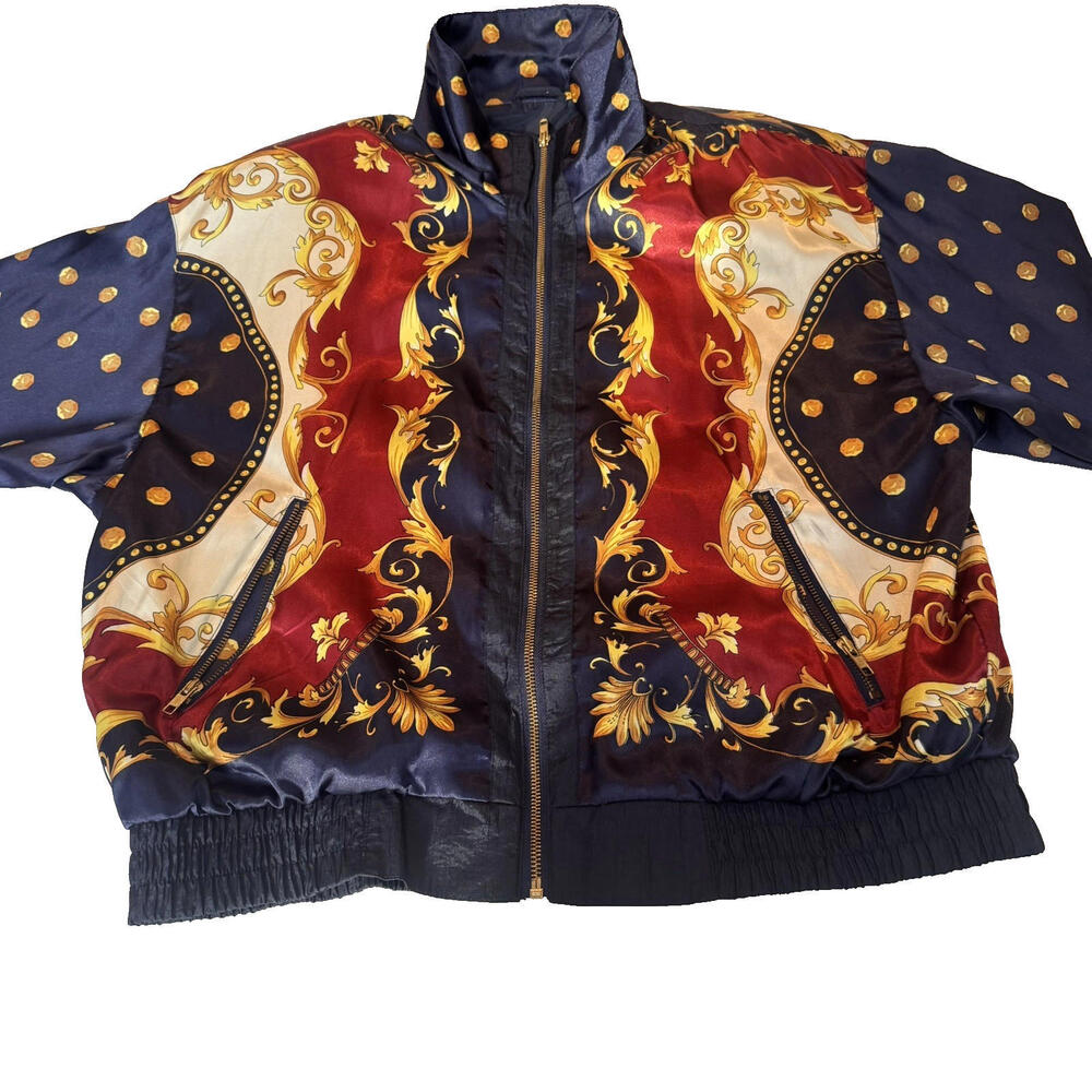 Gallery Women’s Baroque Bomber Jacket Red Navy Gold Satan Print Zip Front size M